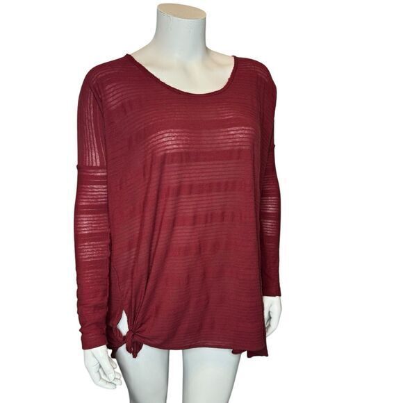 FREE PEOPLE BEACH Size L Long‎ Sleeve Sheer Pullover Tunic Top Side Tie Burgundy - Picture 3 of 7